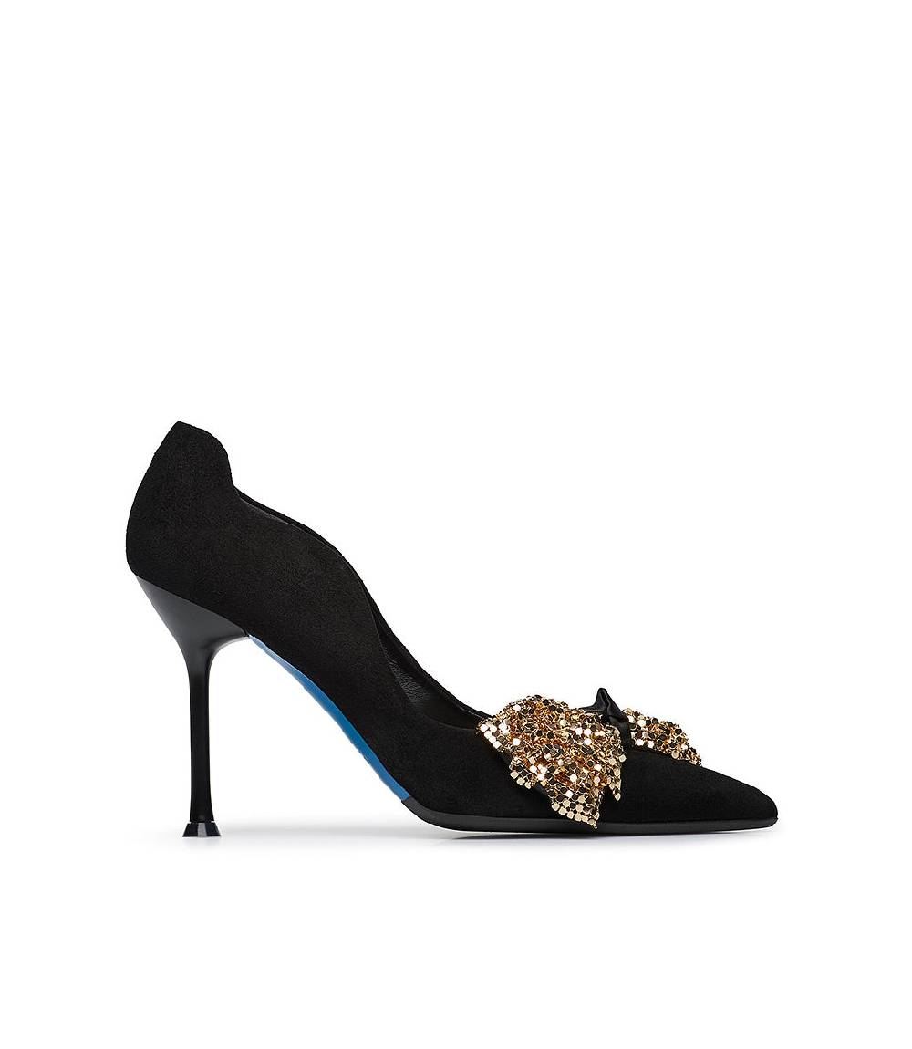 Loriblu Décolleté onda in camoscio nero con fiocco full metal oro