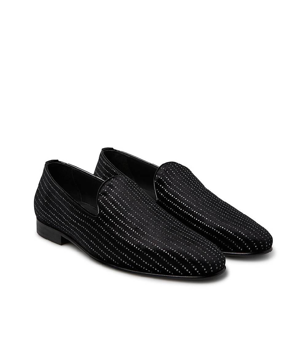 Loriblu Loafer In Velluto Nero Con Micro Cristalli E Dettagli In Vernice
