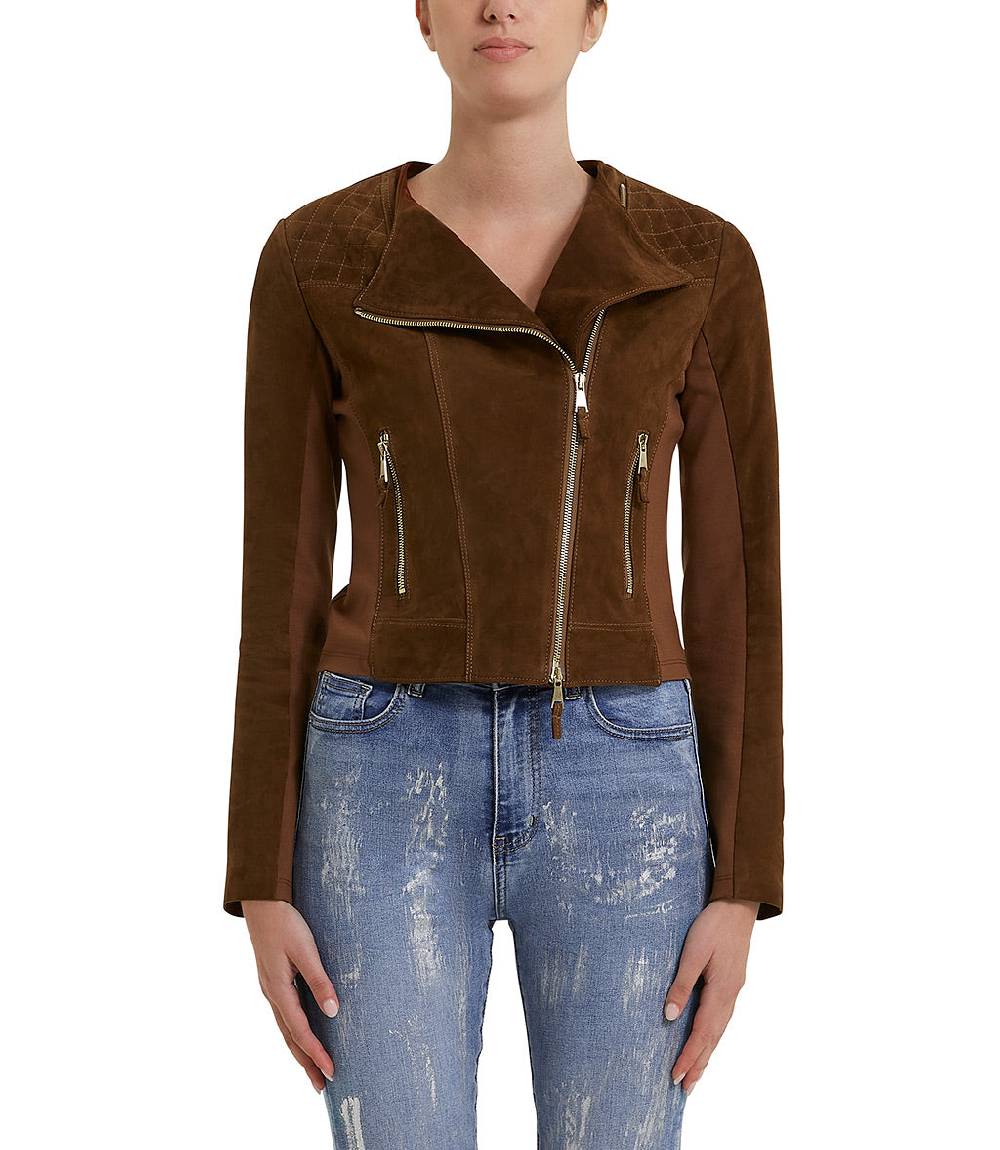Loriblu Giacca stile biker in camoscio tabacco