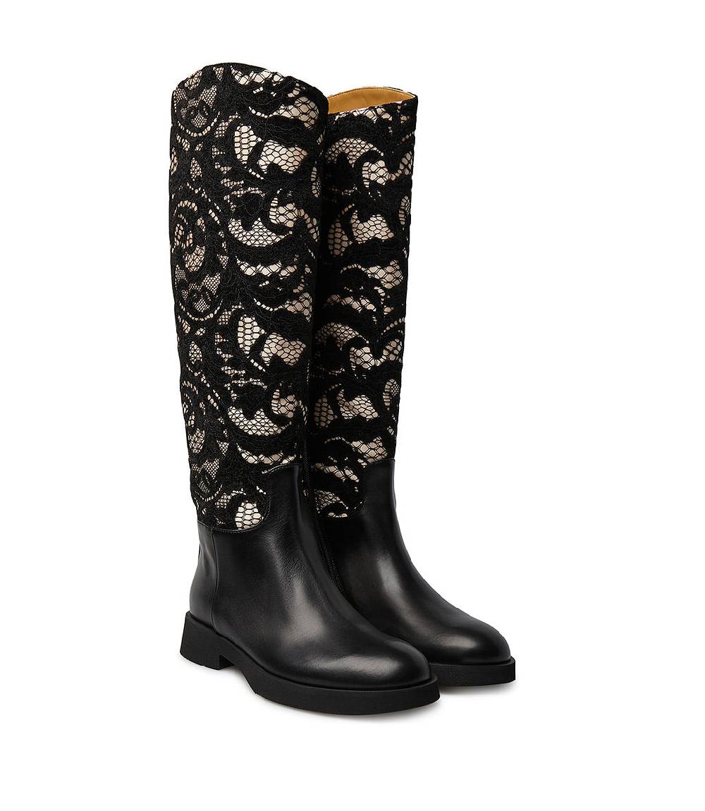 Loriblu Stivale In Vitello Nero E Pizzo