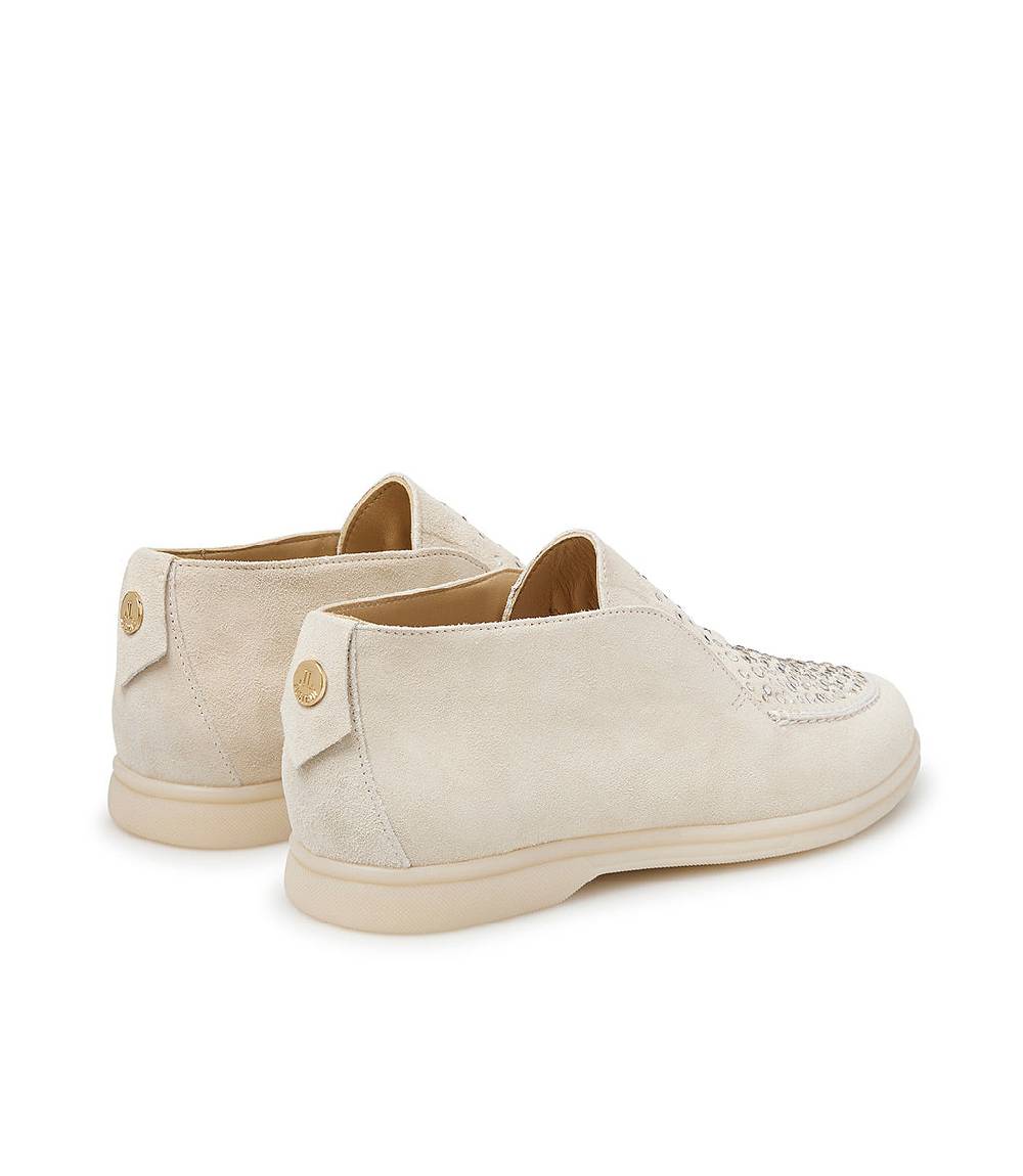 Loriblu Mocassini In Pelle Scamosciata Avorio Con Cristalli