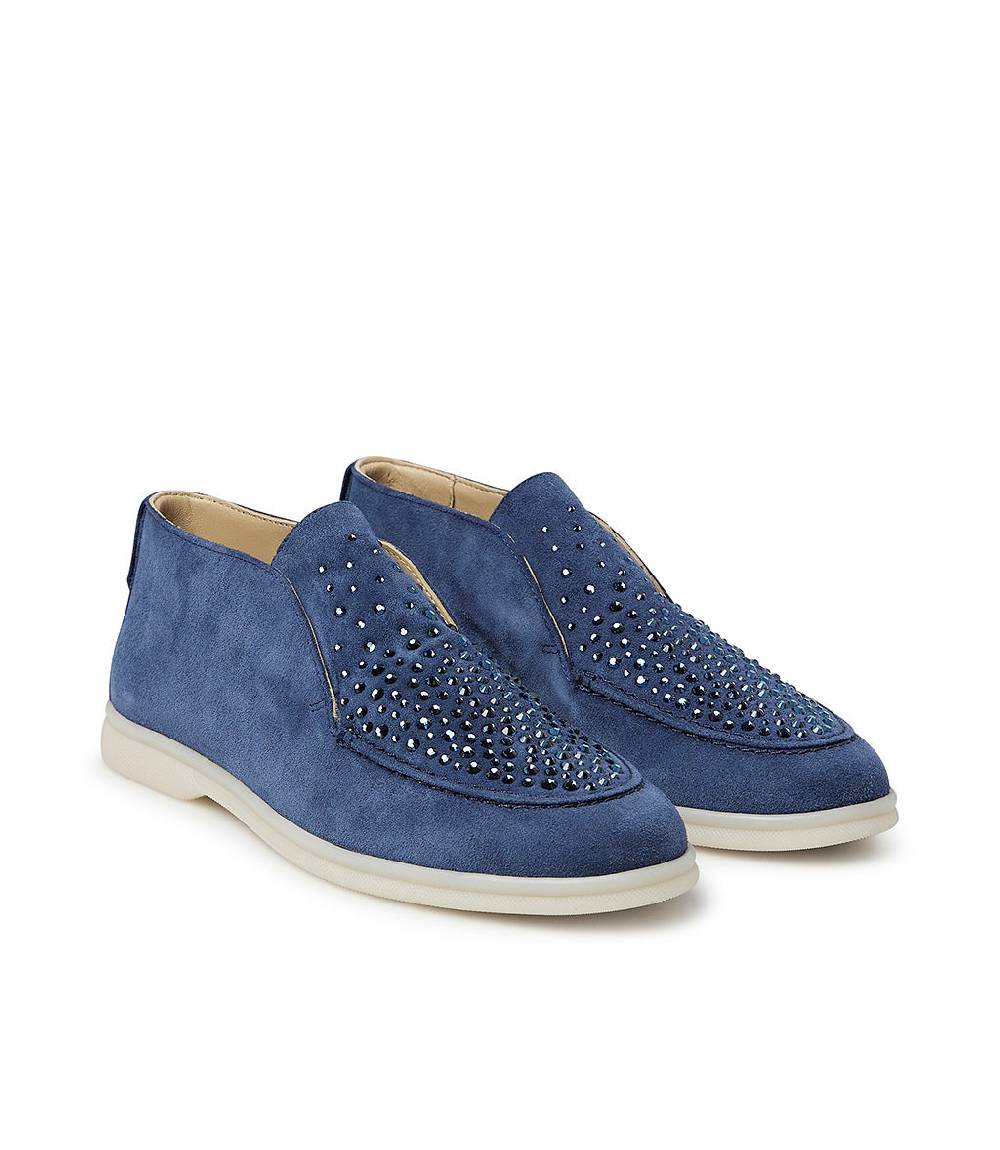 Loriblu Mocassini In Pelle Scamosciata Blu Avio Con Cristalli