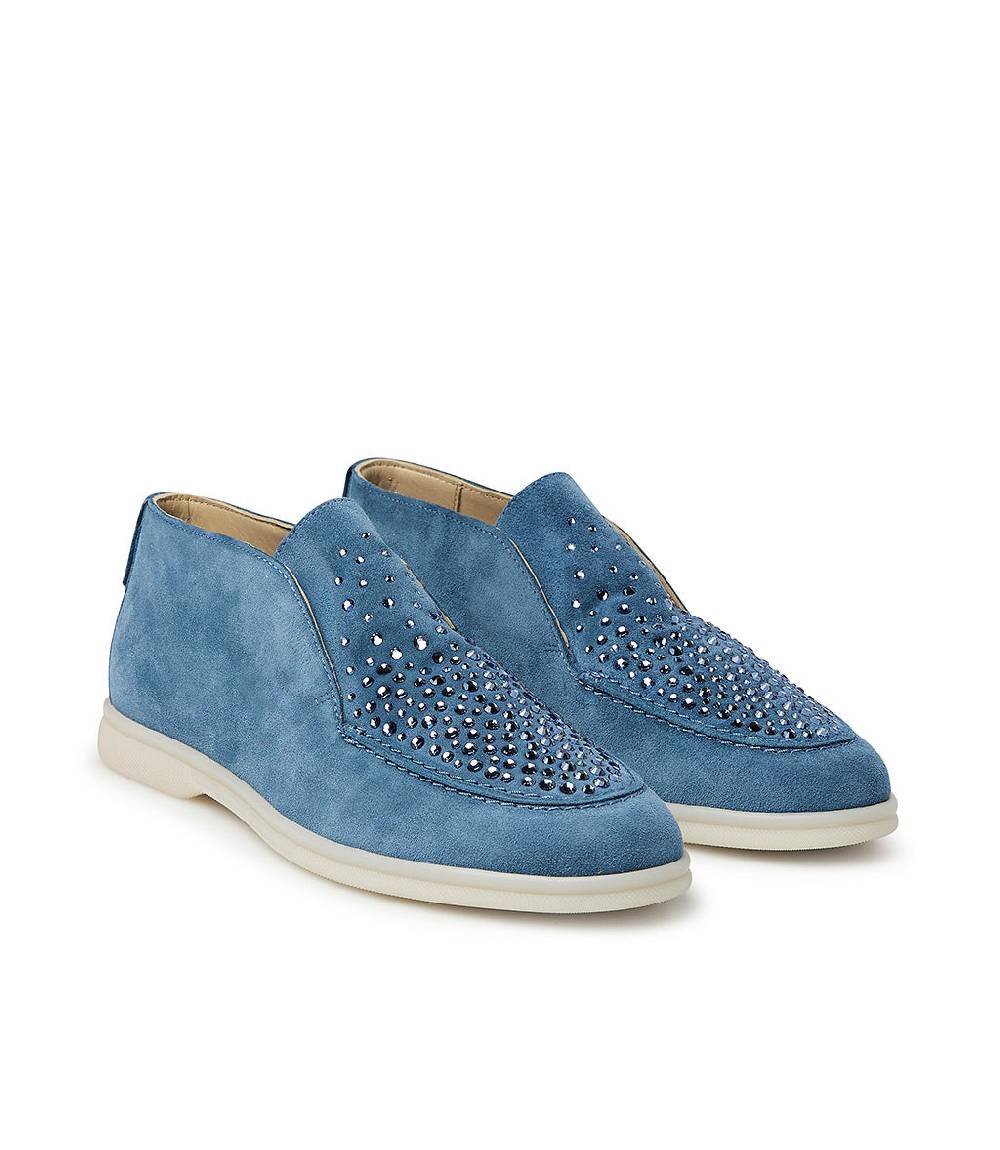 Loriblu Mocassini In Pelle Scamosciata Blu Con Cristalli