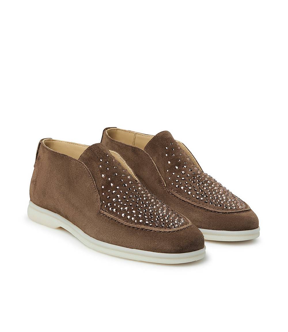 Loriblu Mocassini In Pelle Scamosciata Marrone Con Cristalli