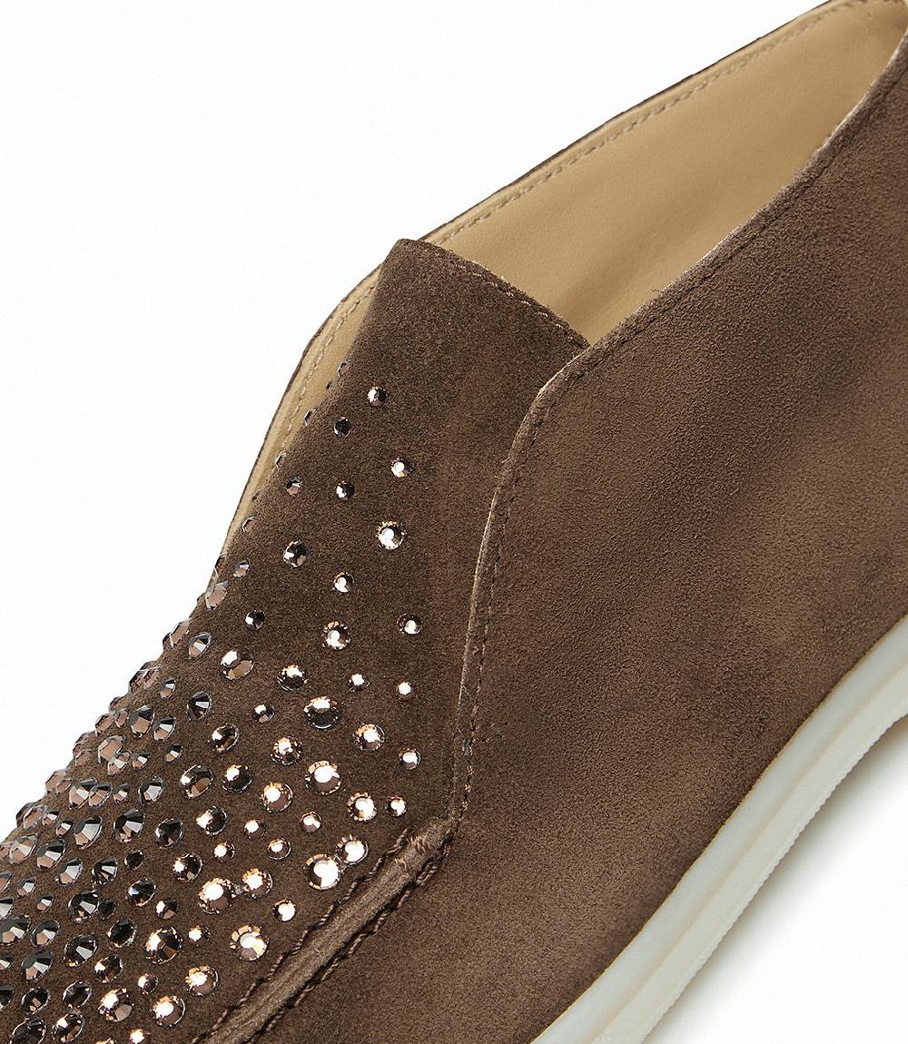 Loriblu Mocassini In Pelle Scamosciata Marrone Con Cristalli