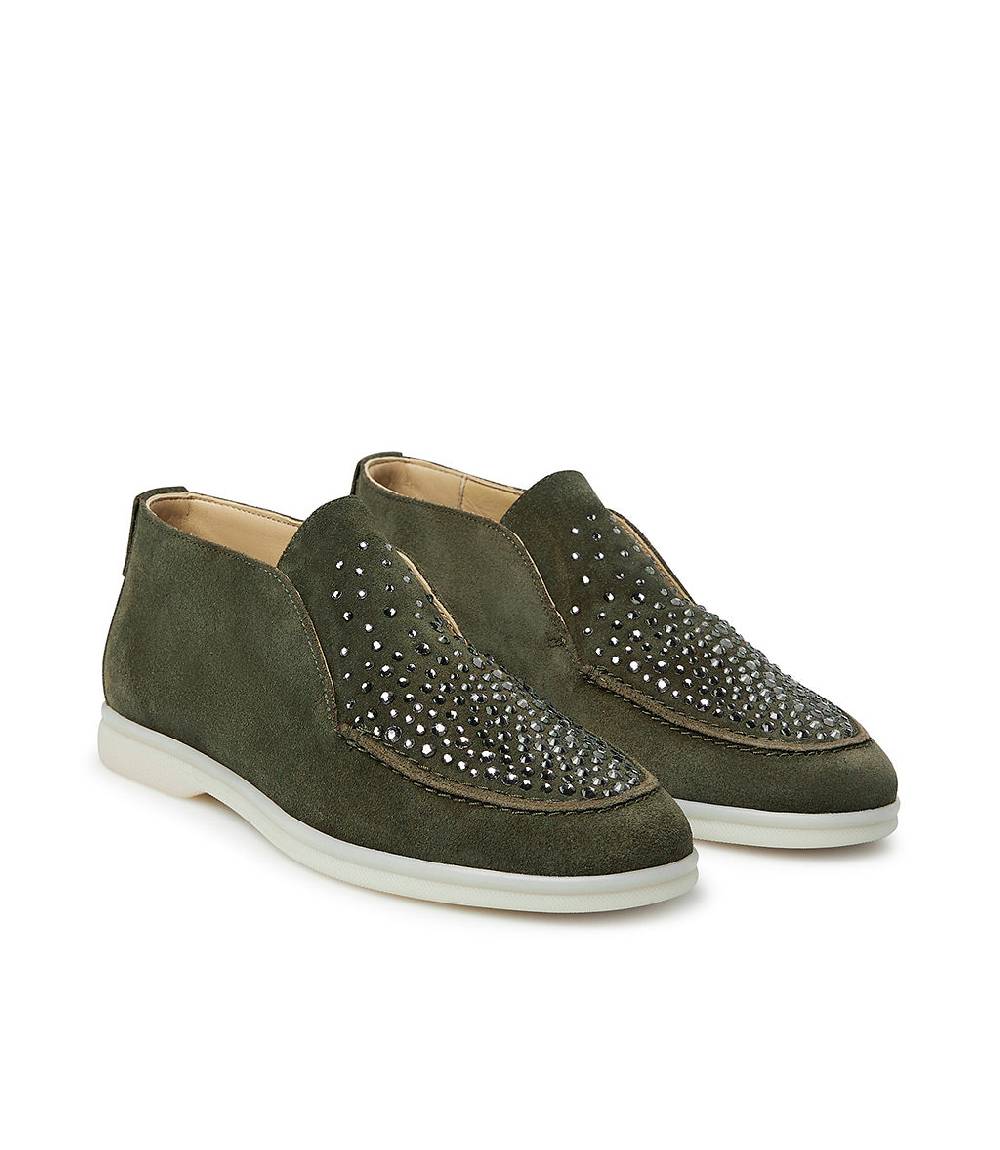 Loriblu Mocassini In Pelle Scamosciata Verde Con Cristalli