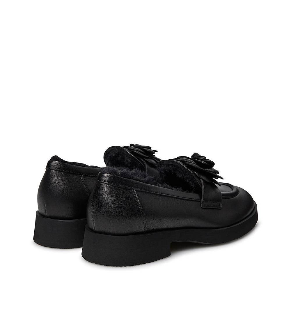 Loriblu Mocassino In Nappa Nero Con Fiore E Fodera Shearling