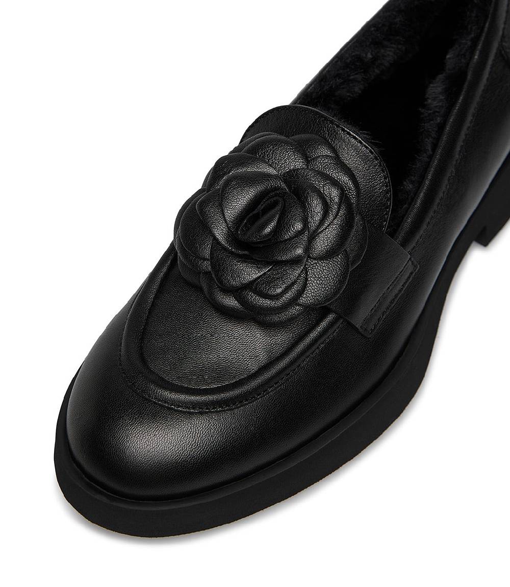 Loriblu Mocassino In Nappa Nero Con Fiore E Fodera Shearling