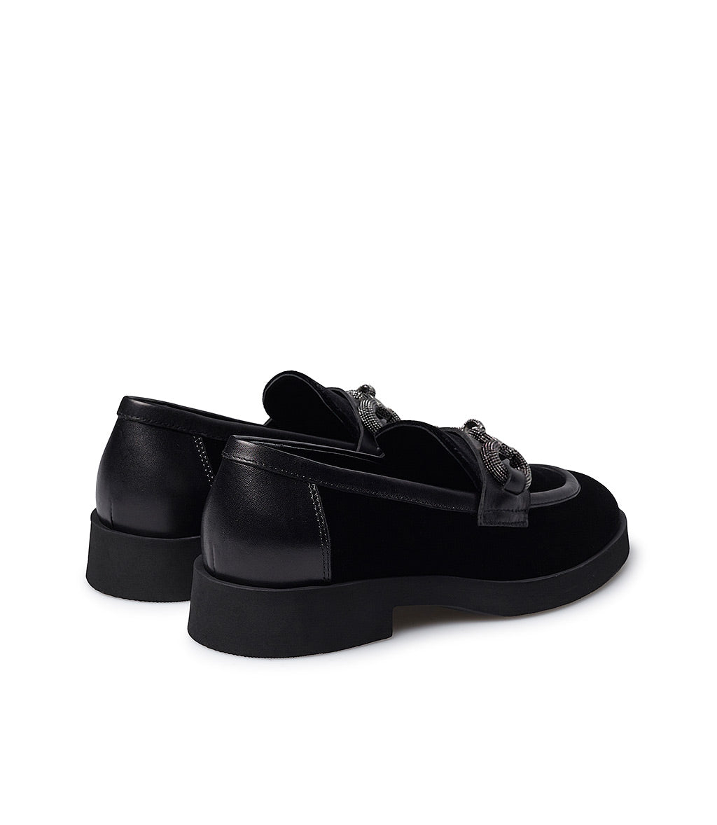 Loriblu Mocassino In Velluto E Vitello Nero Con Morsetto Gioiello