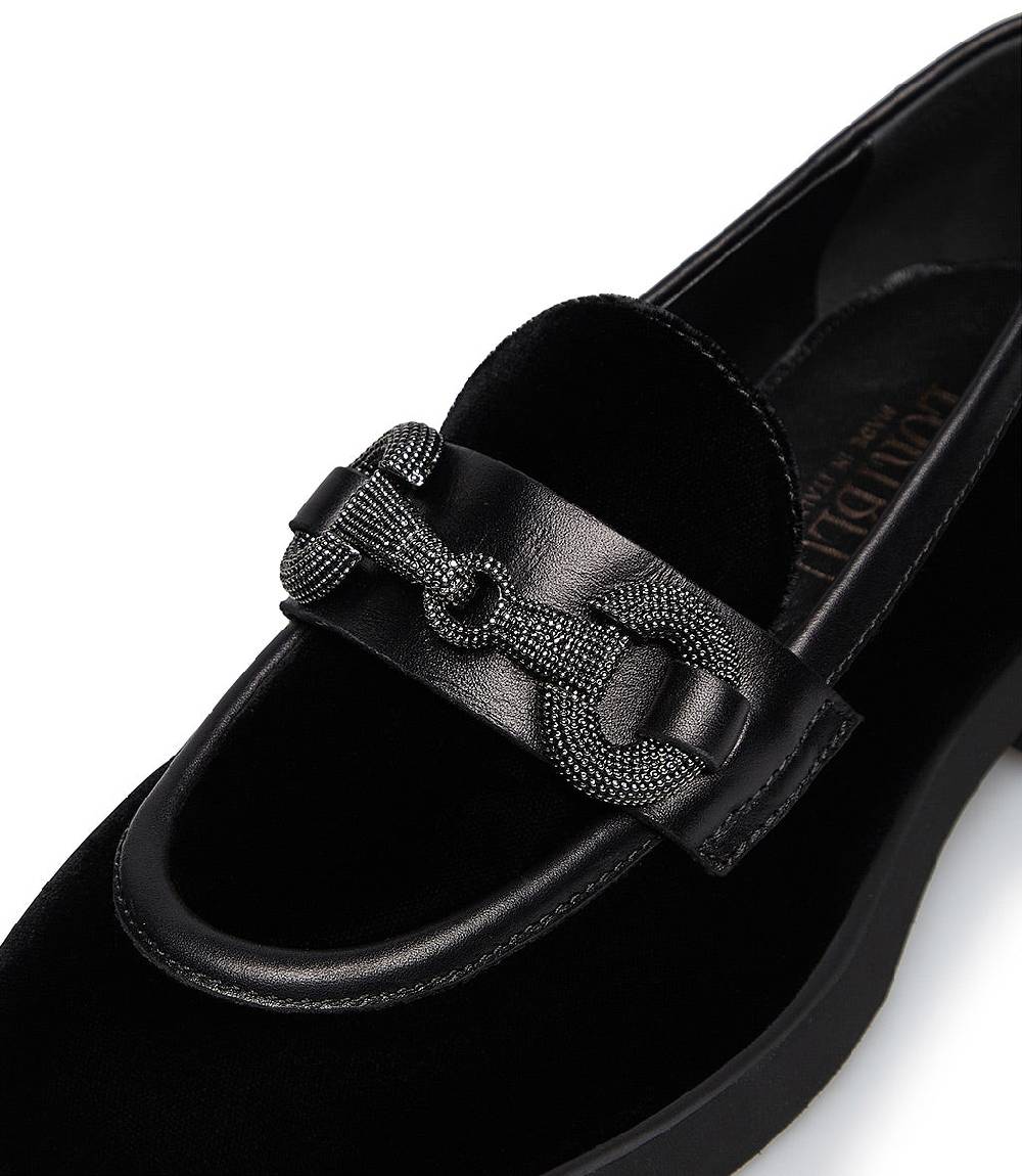 Loriblu Mocassino In Velluto E Vitello Nero Con Morsetto Gioiello