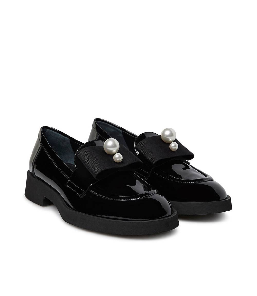 Loriblu Mocassino In Vernice Nera Con Gros-grain E Perle