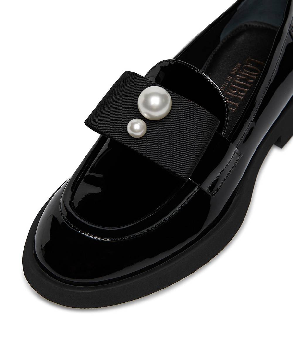 Loriblu Mocassino In Vernice Nera Con Gros-grain E Perle