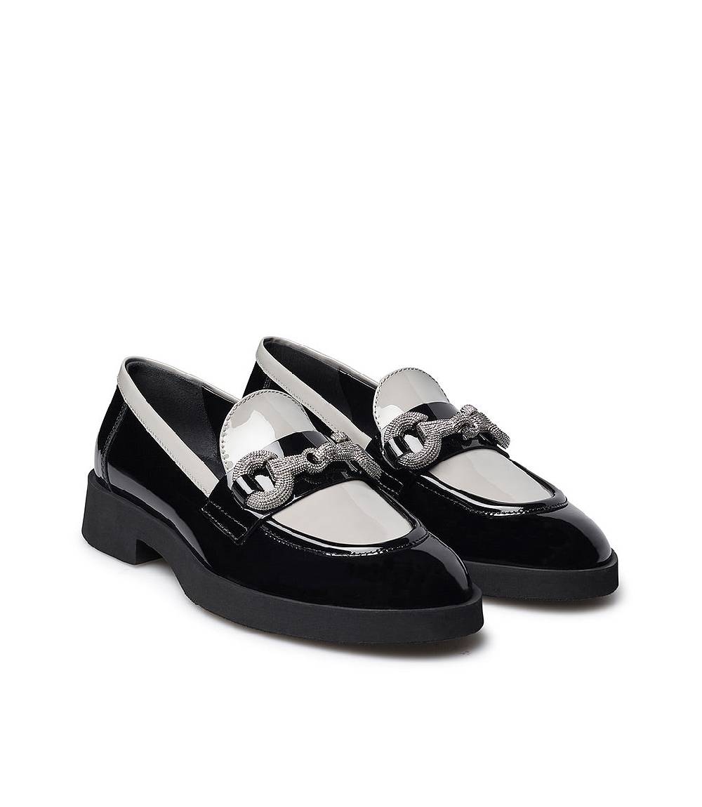 Loriblu Mocassino In Vernice Nera E Grigio Con Morsetto Gioiello