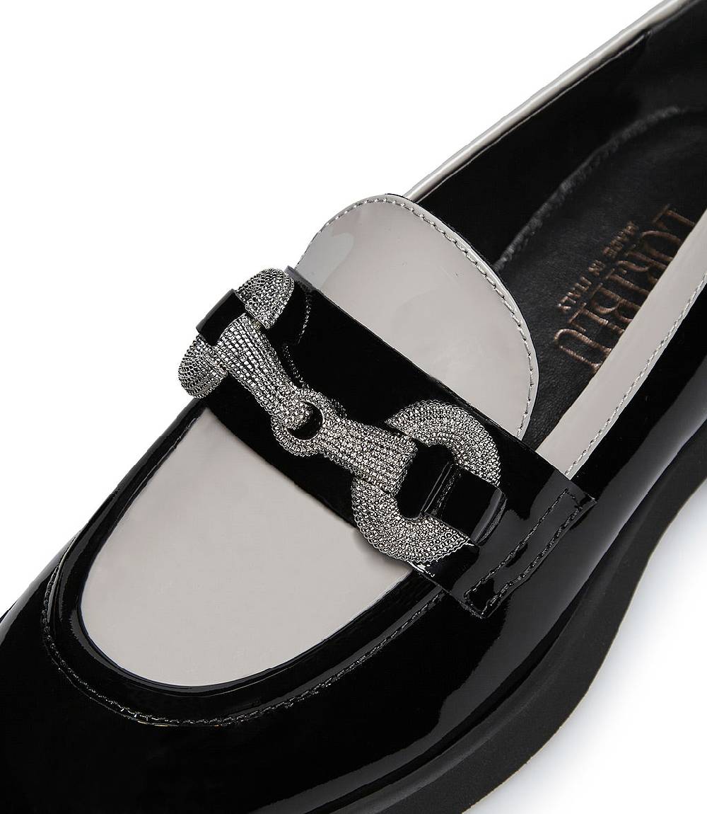 Loriblu Mocassino In Vernice Nera E Grigio Con Morsetto Gioiello
