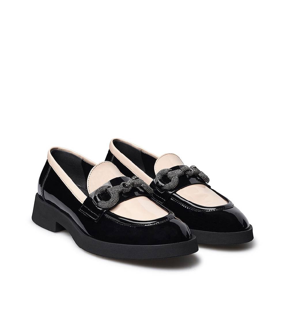 Loriblu Mocassino In Vernice Nera E Nude Con Morsetto Gioiello