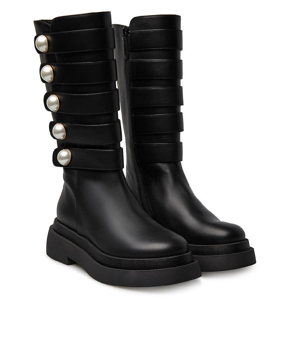 Loriblu Stivale In Vitello Nero Con Cinturini E Borchie Perla