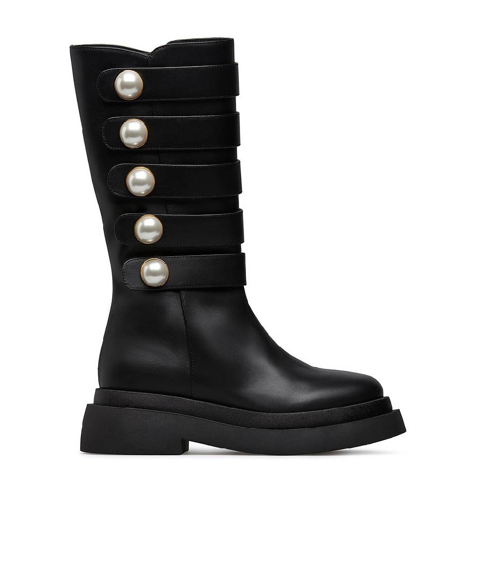 Loriblu Stivale in vitello nero con cinturini e borchie perla