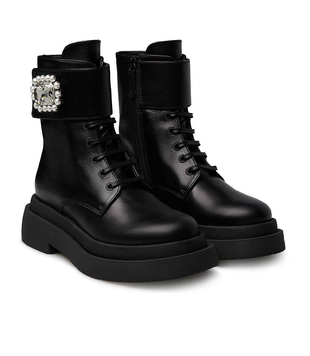 Loriblu Stivaletto In Vitallo Nero Con Fibbia-gioiello