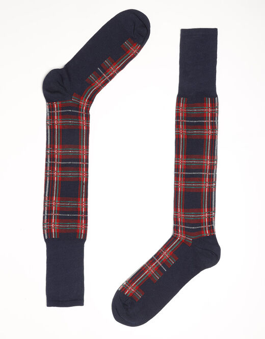 Lovable Calzini lunghi Check in cotone, blu navy con fantasia geometrica