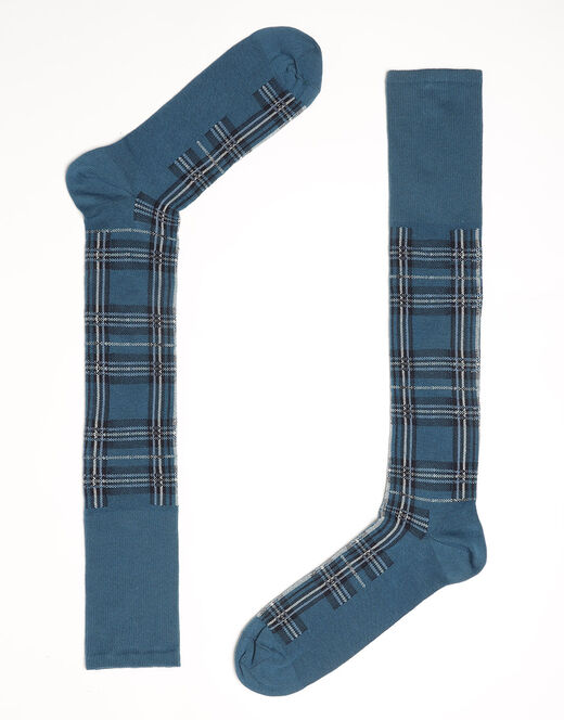 Lovable Calzini lunghi Check in cotone, petrolio con fantasia geometrica