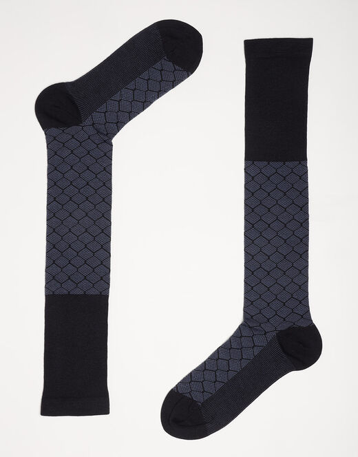 Lovable Calzini lunghi Elegant Knitted Bamboo, blu scuro e blu denim con motivo a rombi