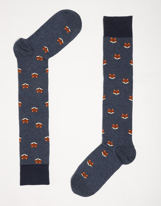 Lovable Calzini lunghi Fancy Allover in cotone, blu denim con stampa volpi