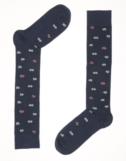Lovable Calzini lunghi Fancy Allover in cotone, blu navy con fantasia puzzle