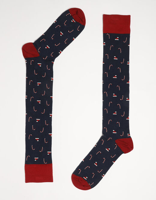 Lovable Calzini lunghi Fancy Allover in cotone, blu navy con stampa caramelle e berretti natalizi