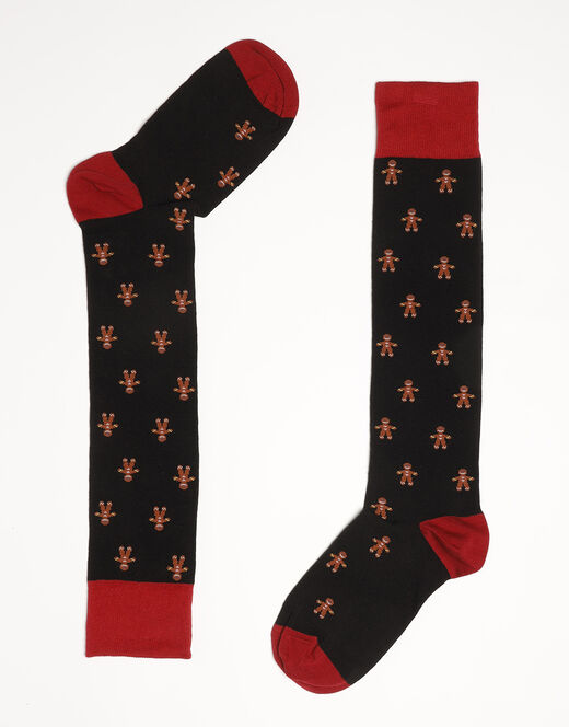 Lovable Calzini lunghi Fancy Allover in cotone, nero con stampa omino pan di zenzero