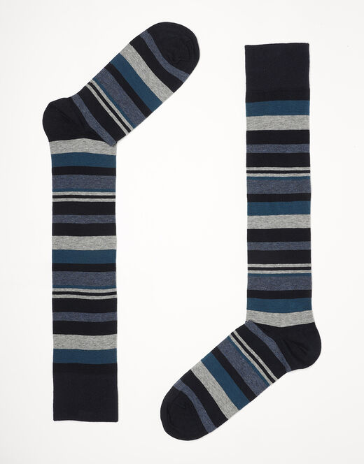Lovable Calzini lunghi Irregular Stripes in cotone, a righe petrolio, blu denim e grigio