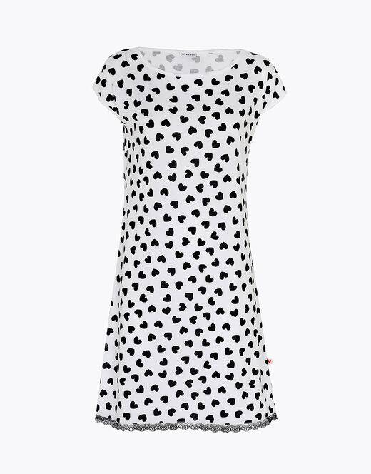 Lovable Camicia Da Notte In Jersey Di Cotone, Stampa Cuori Neri Su Sfondo Bianco