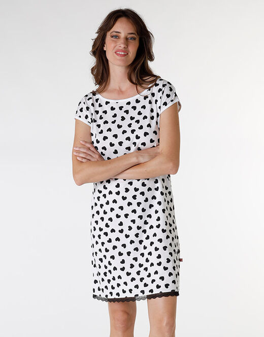 Lovable Camicia da notte in jersey di cotone, stampa cuori neri su sfondo bianco