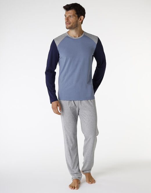 Lovable Piagiama lungo in cotone, blu polvere, blu navy e grigio melange