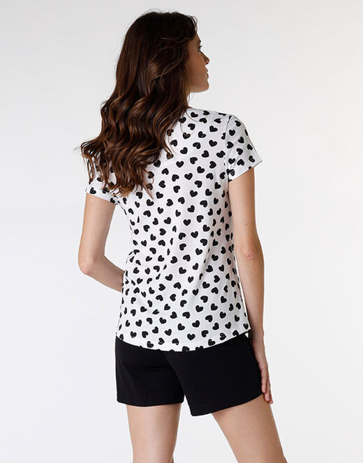 Lovable Pigiama Corto In Jersey Di Cotone, Stampa Cuori Neri Su Sfondo Bianco