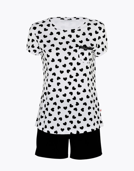 Lovable Pigiama Corto In Jersey Di Cotone, Stampa Cuori Neri Su Sfondo Bianco