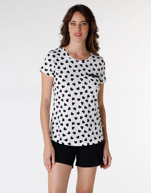 Lovable Pigiama corto in jersey di cotone, stampa cuori neri su sfondo bianco