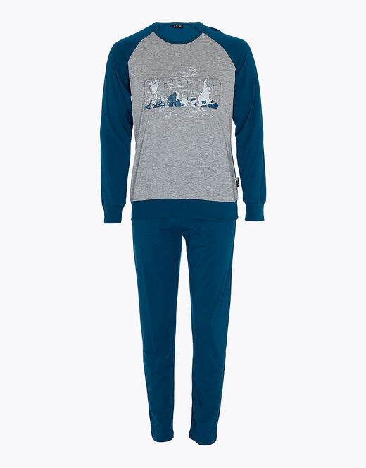 Lovable Pigiama In Jersey Di Cotone, Grigio Melange Stampato E Blu Petrolio