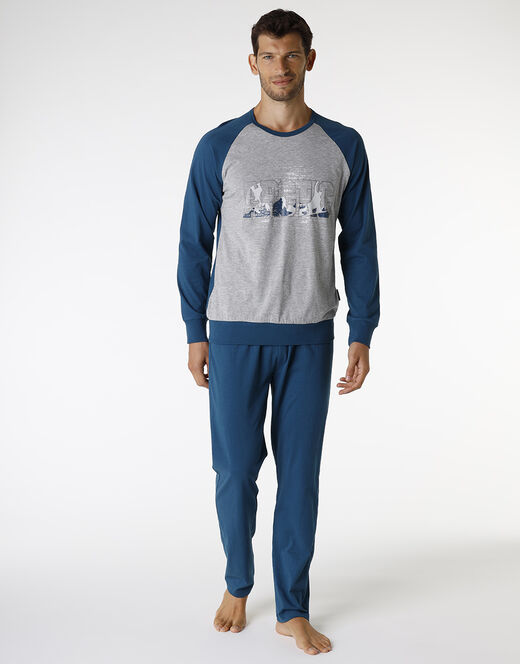 Lovable Pigiama in jersey di cotone, grigio melange stampato e blu petrolio