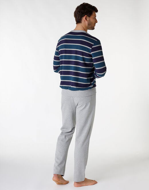 Lovable Pigiama Lungo A Righe In Cotone, Grigio Melange E Blu