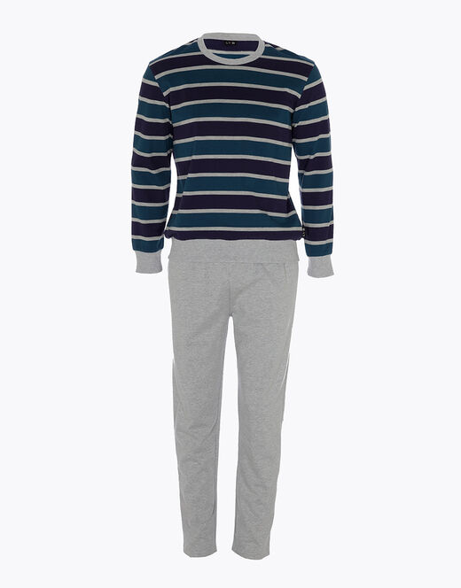 Lovable Pigiama Lungo A Righe In Cotone, Grigio Melange E Blu