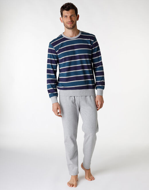 Lovable Pigiama lungo a righe in cotone, grigio melange e blu