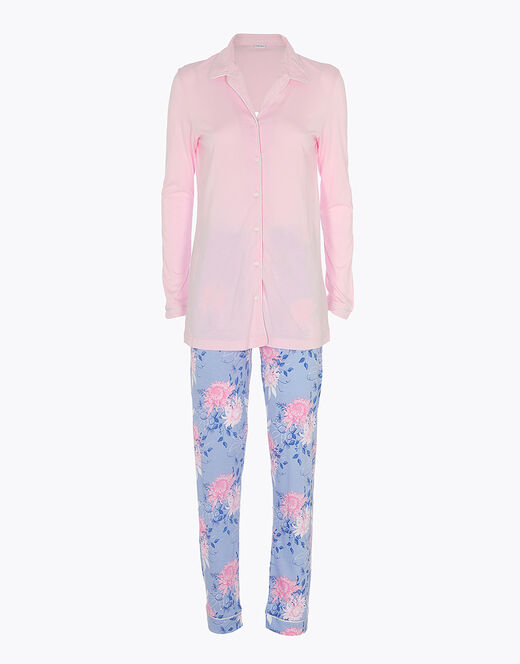 Lovable Pigiama Lungo Aperto In Cotone Modal, Rosa Con Stampa Floreale