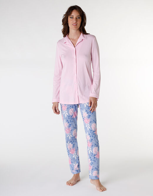 Lovable Pigiama lungo aperto in cotone modal, rosa con stampa floreale