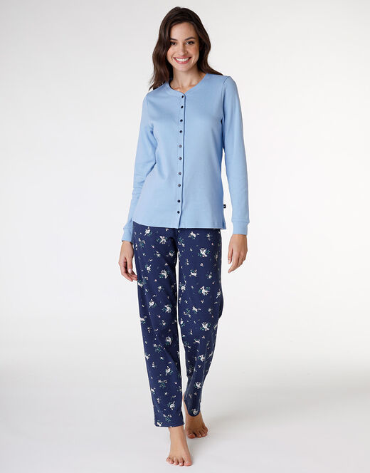 Lovable Pigiama Lungo Aperto In Interlock Di Cotone, Azzurro Con Stampa