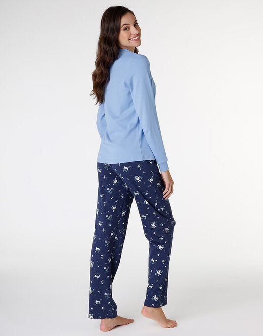 Lovable Pigiama Lungo Aperto In Interlock Di Cotone, Azzurro Con Stampa