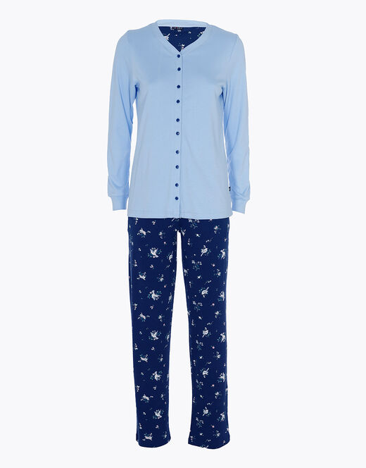 Lovable Pigiama Lungo Aperto In Interlock Di Cotone, Azzurro Con Stampa