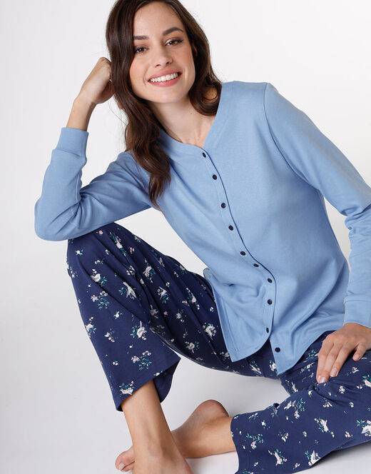 Lovable Pigiama lungo aperto in interlock di cotone, azzurro con stampa