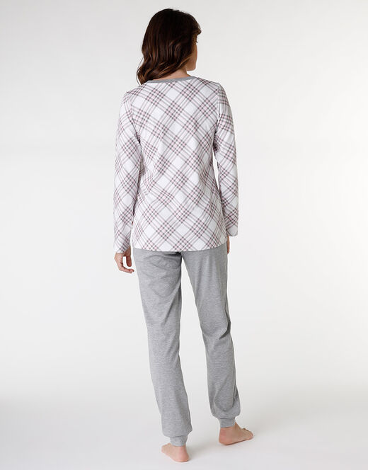 Lovable Pigiama Lungo Aperto In Interlock Di Cotone, Grigio Con Stampa A Quadri