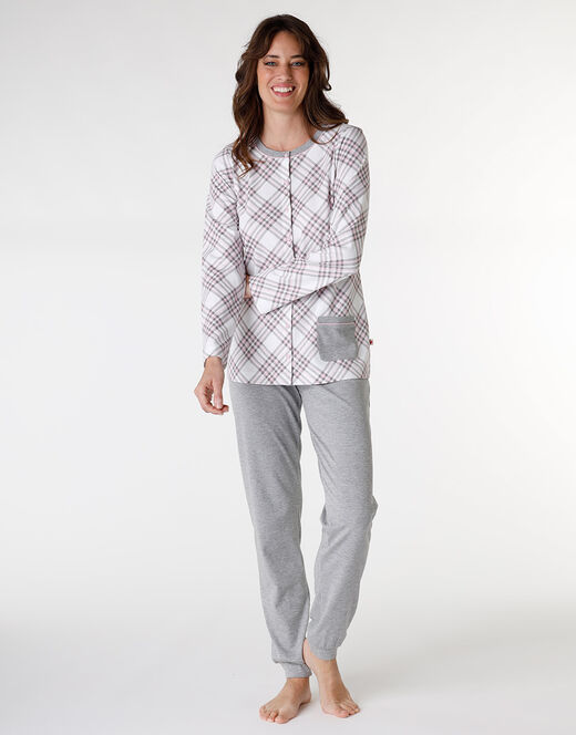 Lovable Pigiama lungo aperto in interlock di cotone, grigio con stampa a quadri
