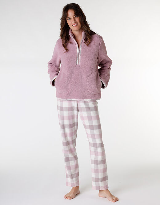 Lovable Pigiama Lungo Con Pelliccetta Agnellata E Flanella, Rosa E Grigio